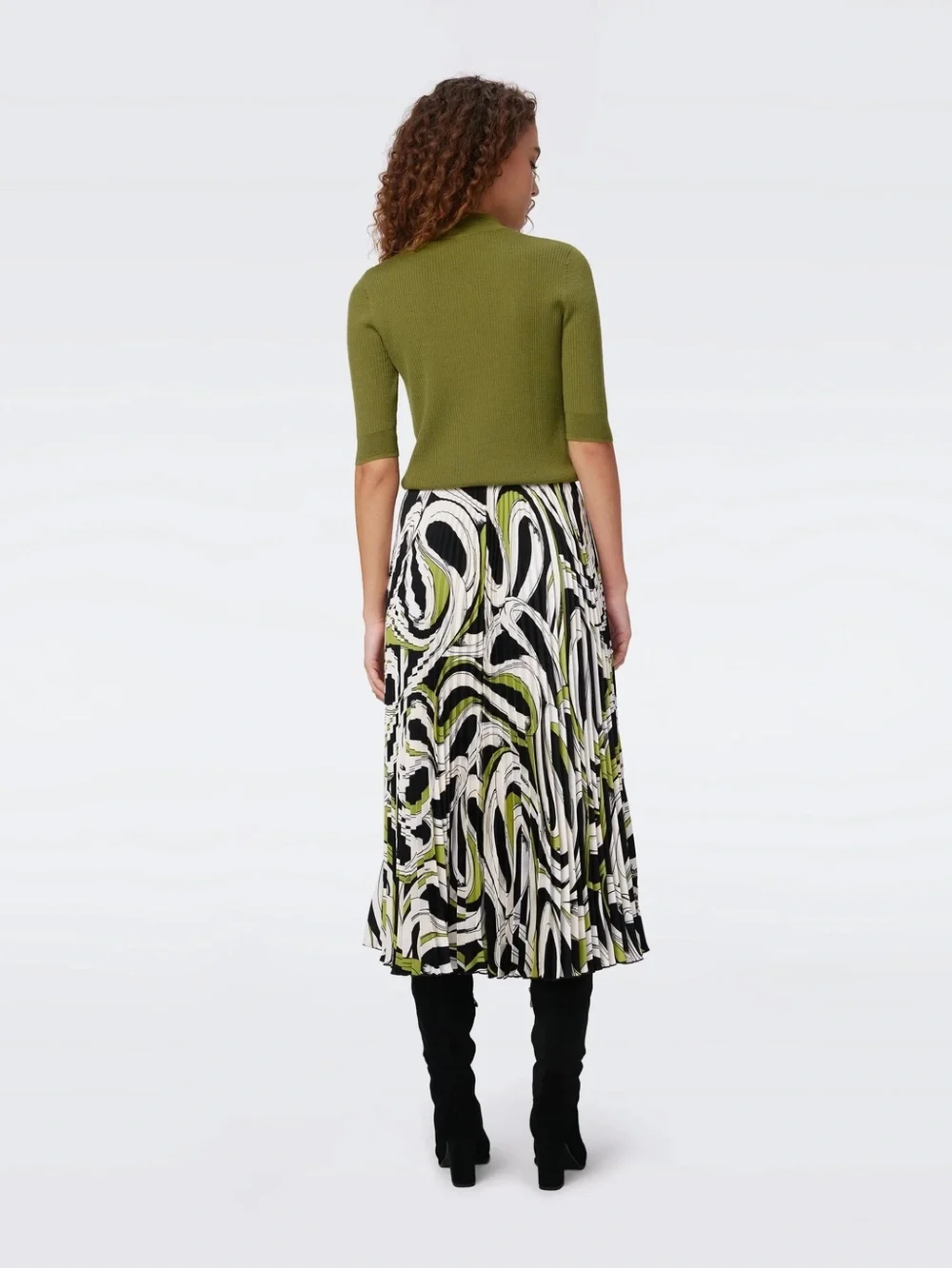 Diane von Furstenberg Mykola Pleated Midi Skirt Cassette Tape Shadow Green NWT